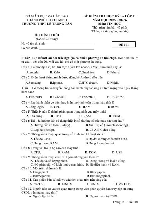 Đề thi Học kì 1 Tin học 11 năm 2025-2026 trường THPT Lê Trọng Tấn (TP Hồ Chí Minh)